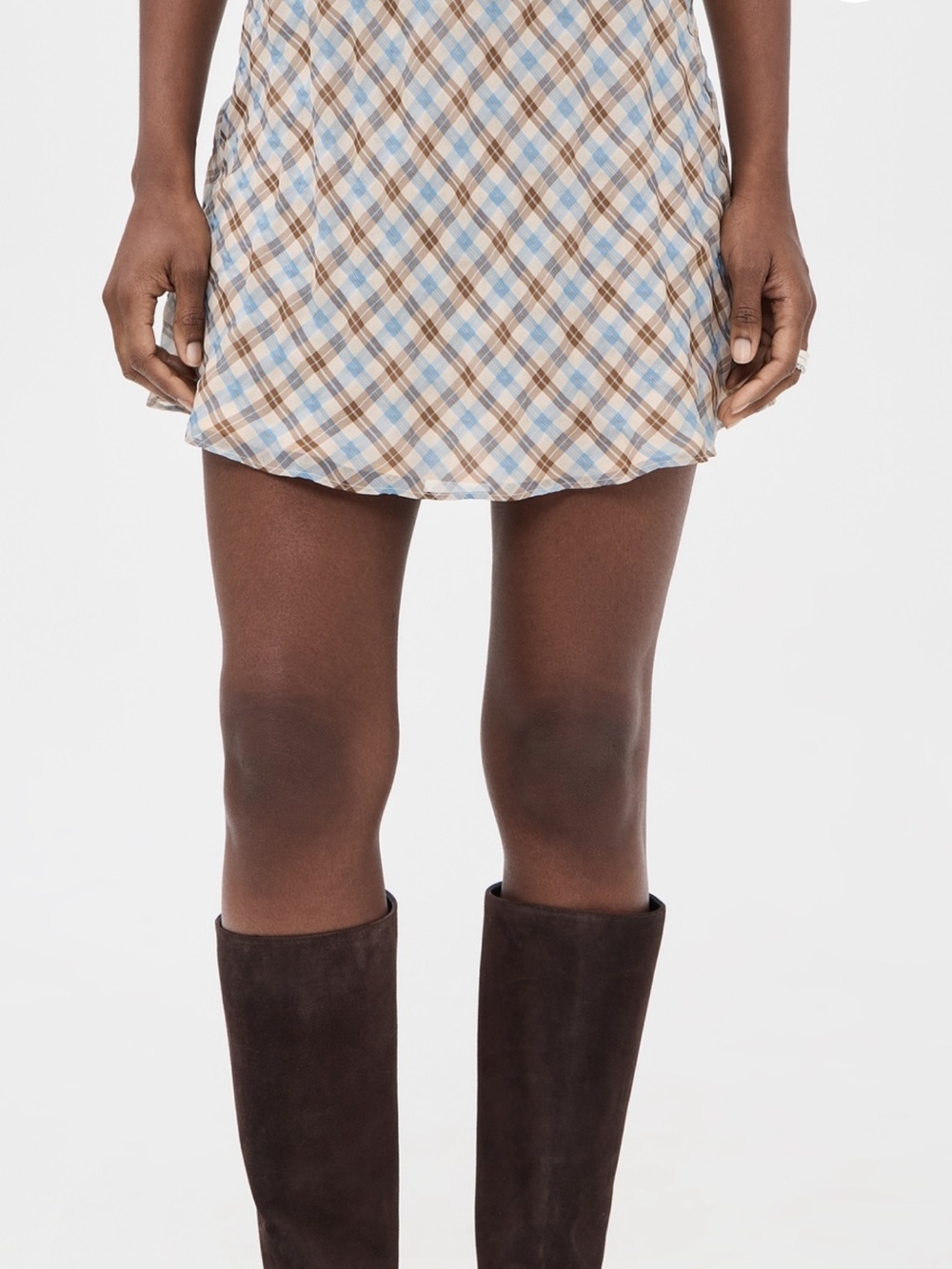 Reformation Mini Skirt in Light Blue and Brown Plaid